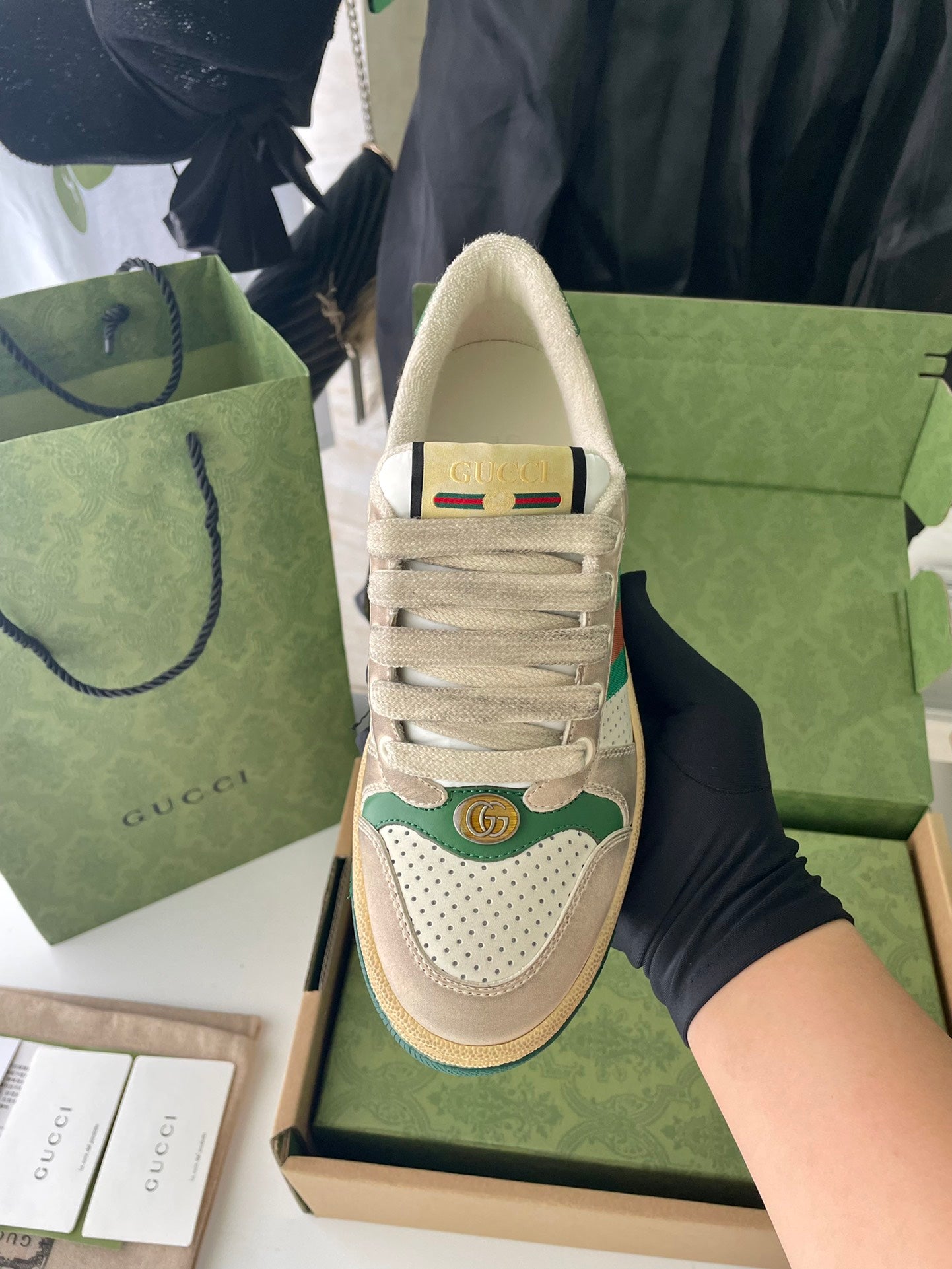 Gucci unisex sneaker, beige back view with Gucci heel tab and lace-up