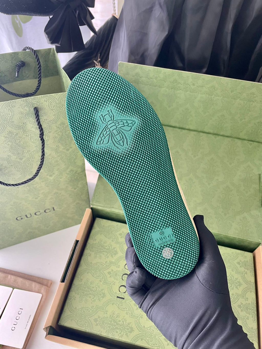 Gucci unisex sneaker sole, teal rubber tread with bee emblem
