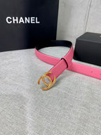 Pink leather belt with gold-tone CC buckle, looped on display