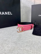 Pink leather belt with gold-tone CC buckle, side view