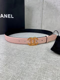 Light pink leather belt with gold logo buckle and rhinestone border