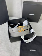 Light gray leather belt with oval CC buckle in box with dust bag and pouch