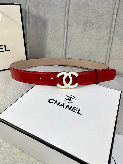 Red leather belt with gold-tone CC logo buckle and eyelet holes