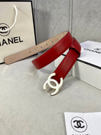Red leather belt with gold-tone CC buckle and rectangular keeper