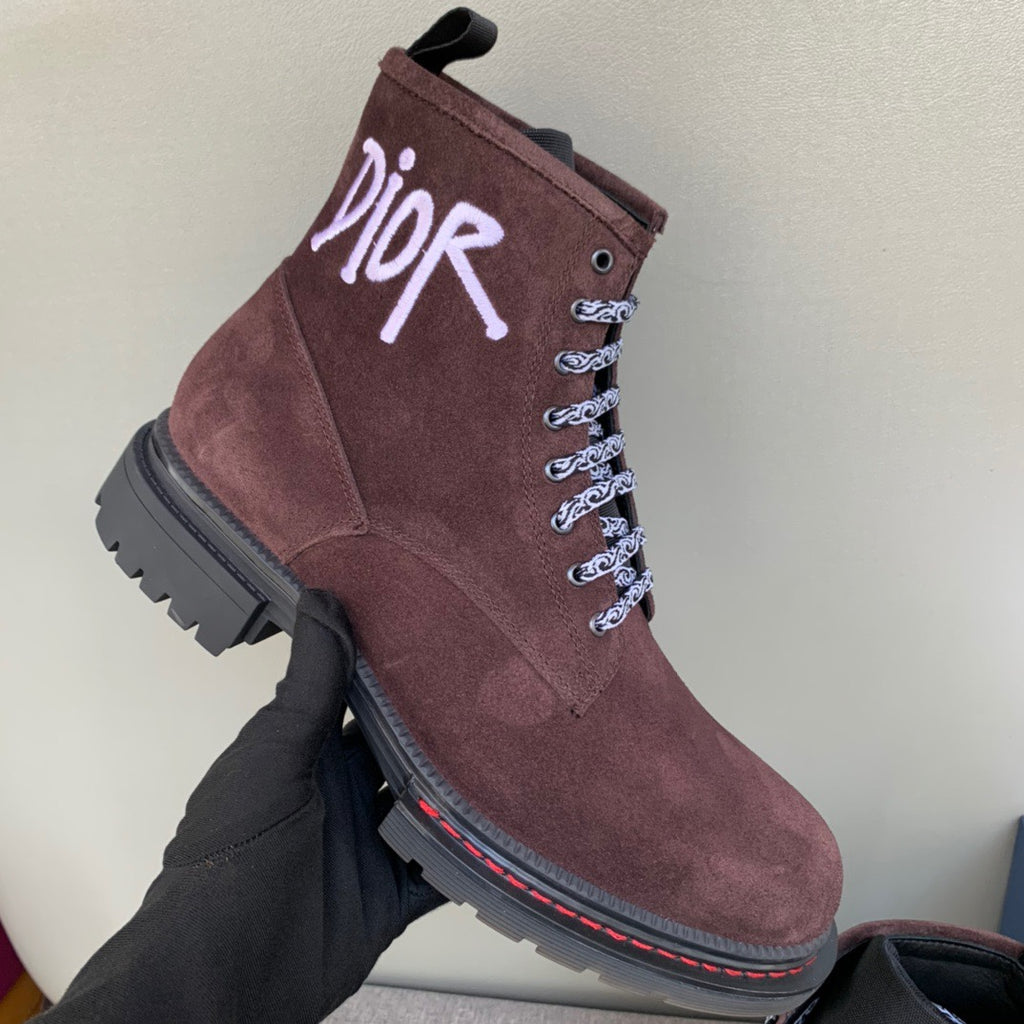 Dior unisex lace-up boots, dark brown suede, large Dior logo on side, treaded sole