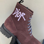 Dior unisex lace-up boots in dark brown suede with white laces and Dior branding