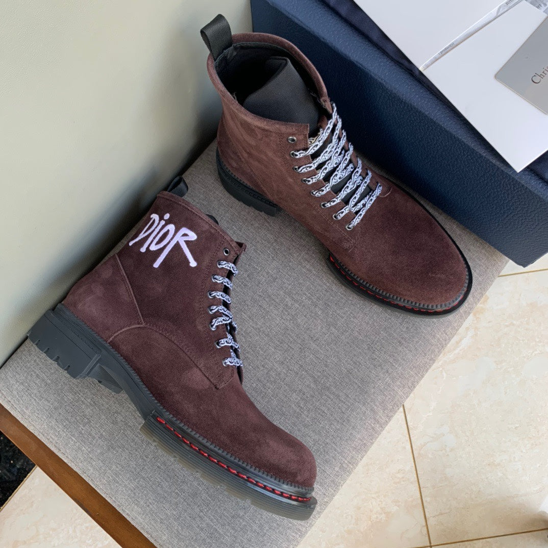 Unisex lace-up boots in dark brown suede with white laces and Dior logo detail