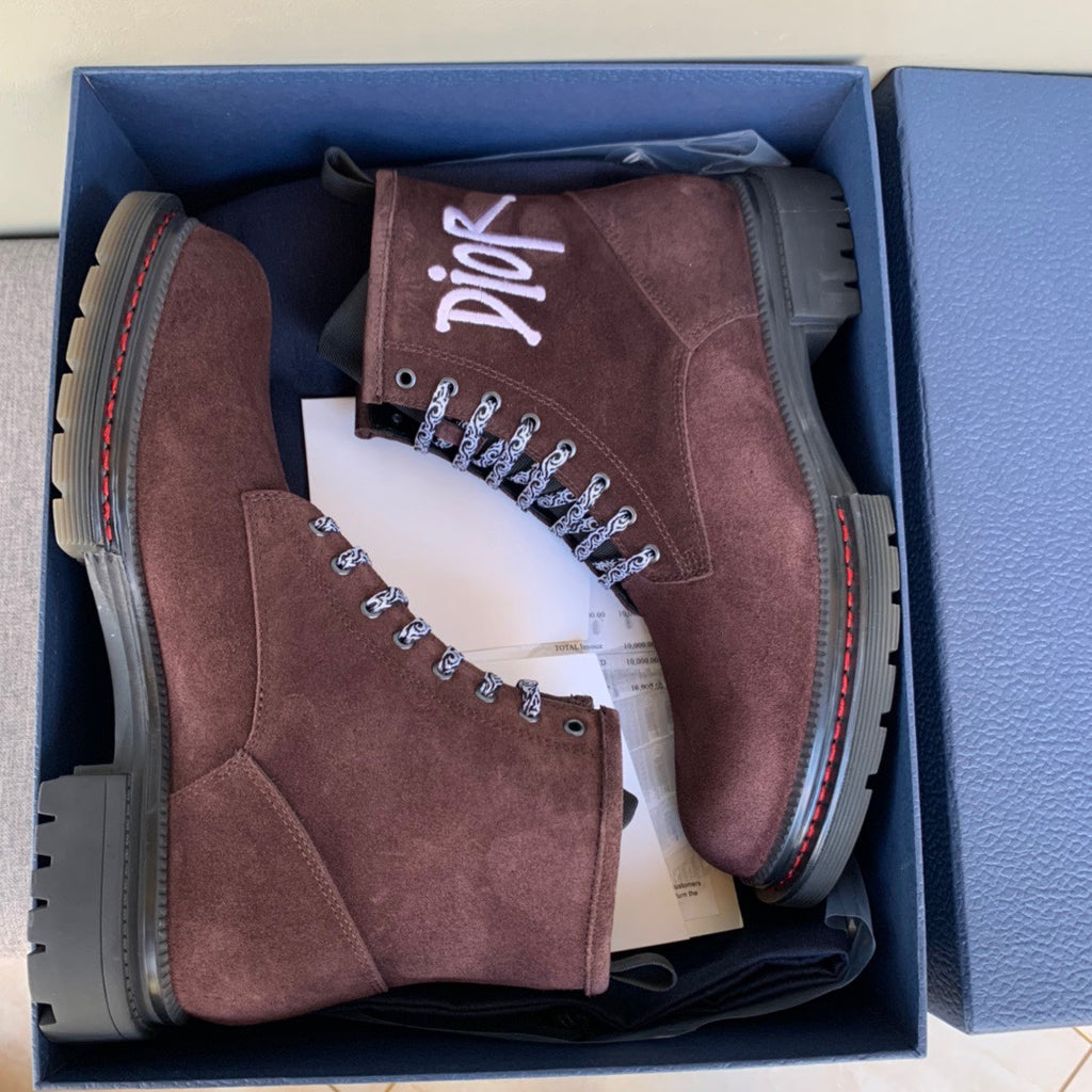 Dior unisex lace-up boots in dark brown suede, white laces, in gift box