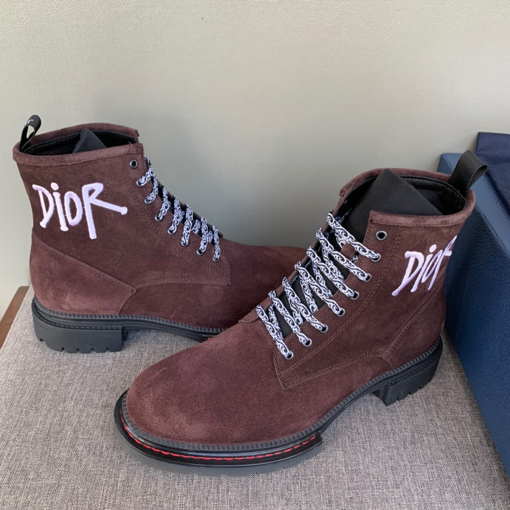 Dior unisex high-top lace-up boots in dark brown suede with white laces and chunky sole