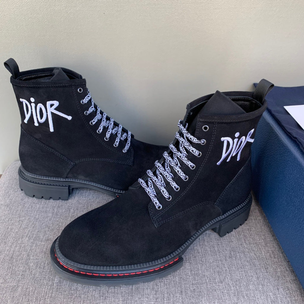 Black suede lace-up ankle boots with tall shaft and Dior logo on sides
