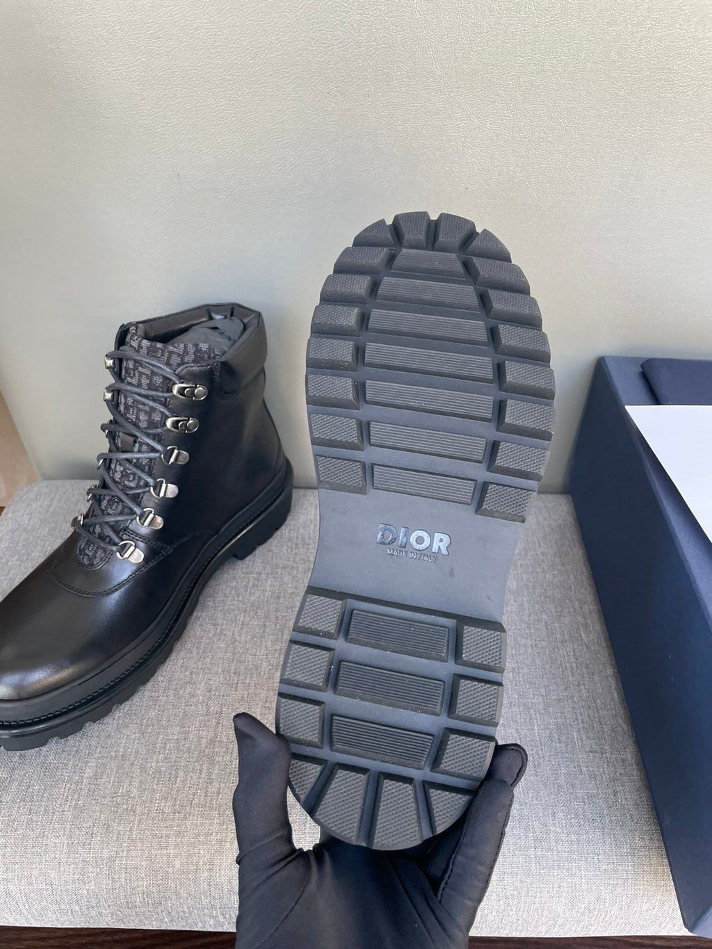Dior boot outsole detail with chunky tread and square traction blocks