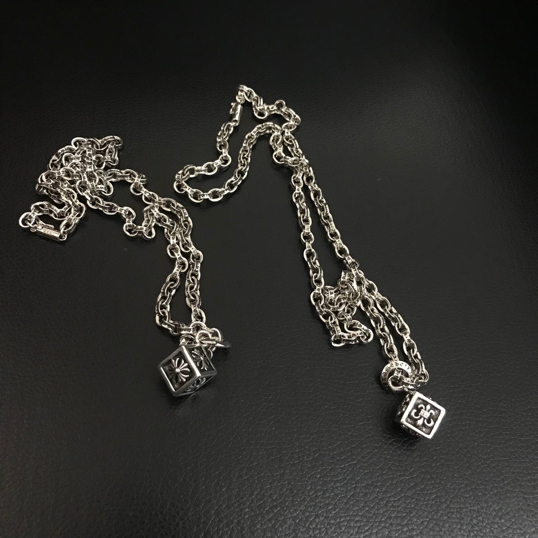 Silver-tone charm necklace with two dangling square pendant charms