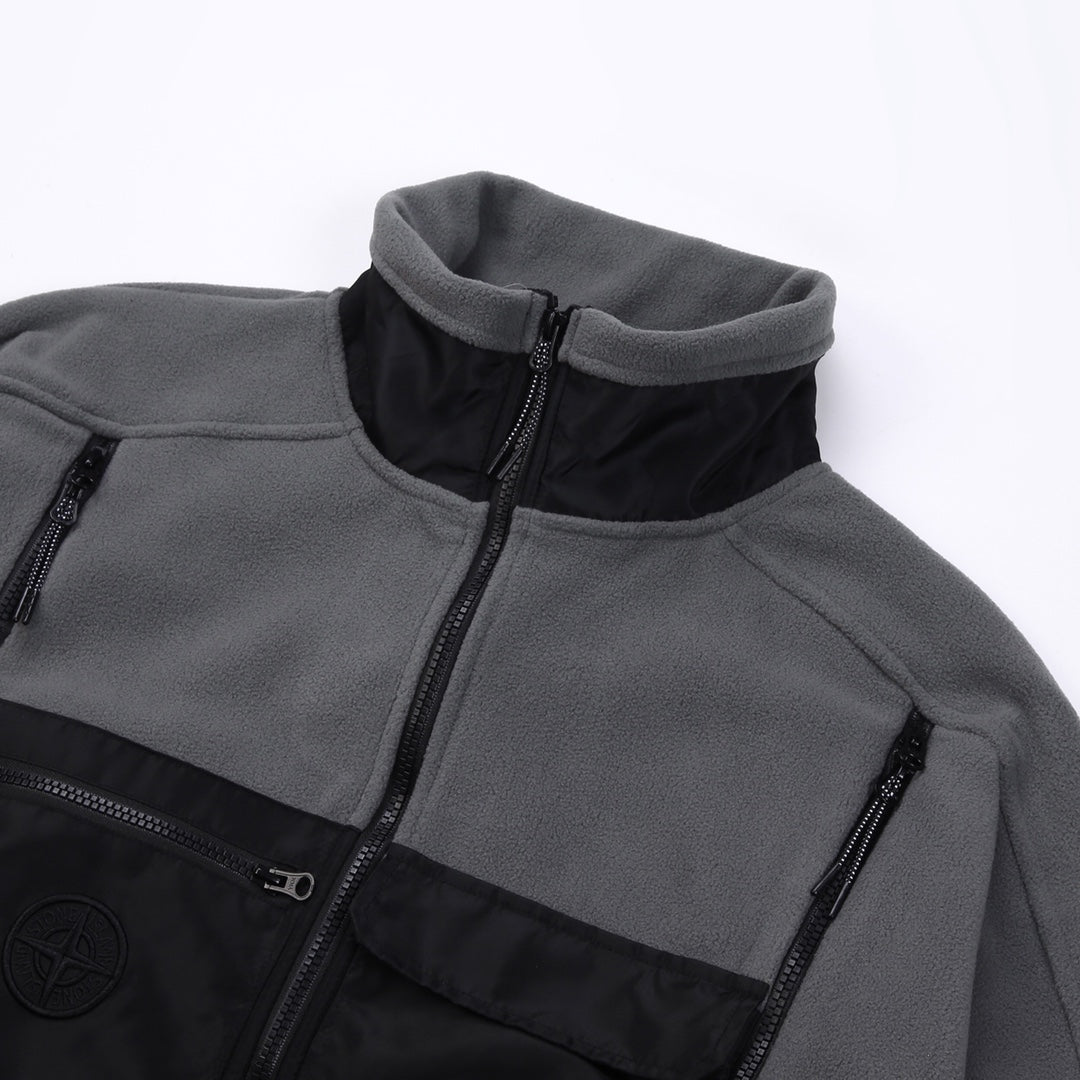 Stone Island fleece jacket close-up, stand collar with black zipper front