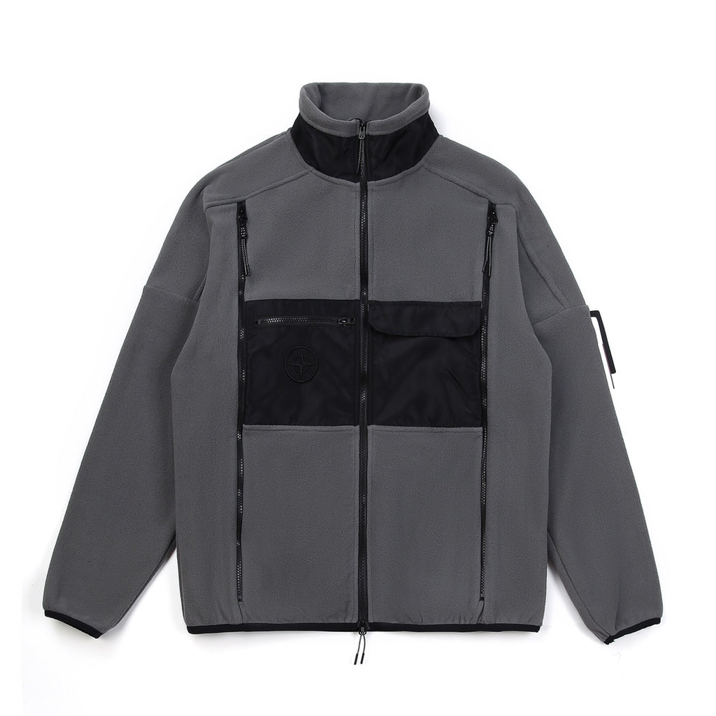 Stone Island zip-up jacket, gray with black front panels and stand collar