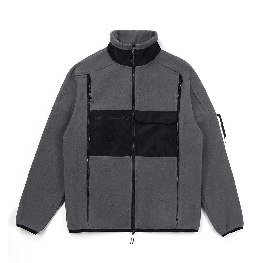 Stone Island zip-up jacket, gray with black front panels and stand collar