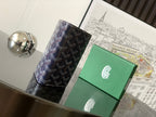 Goyard patterned pouch with navy leather flap and stitched border