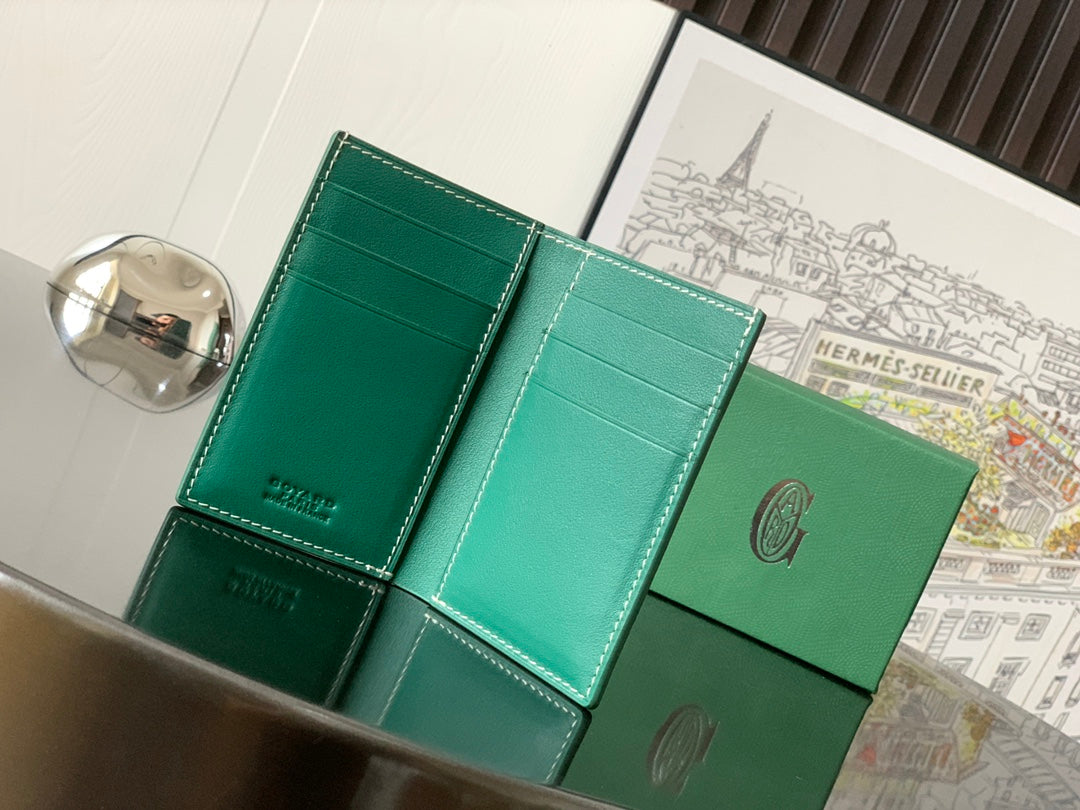 Green leather bag wallet with card slots and stitched interior panels