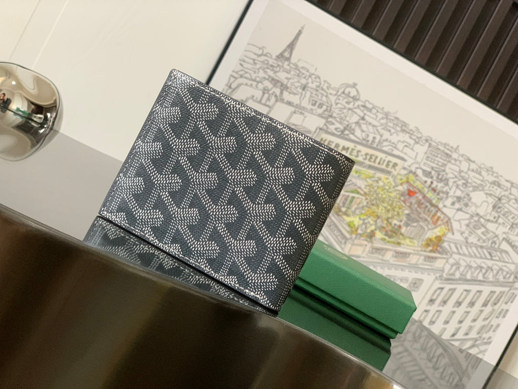 Goyard patterned mini bag, dark gray-blue exterior with flap and stitching