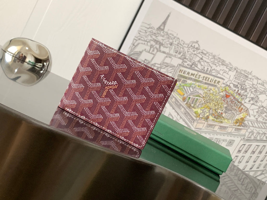 Goyard patterned card holder in burgundy with top-strap flap