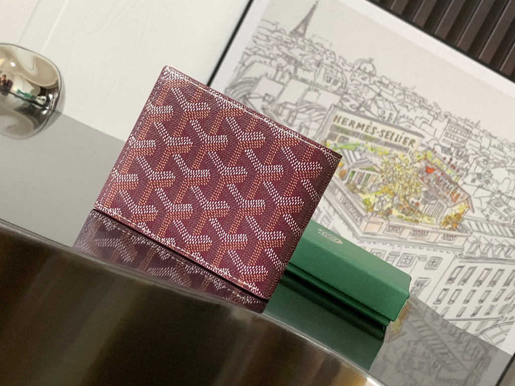 Goyard patterned card holder with burgundy textured print and stitched edge