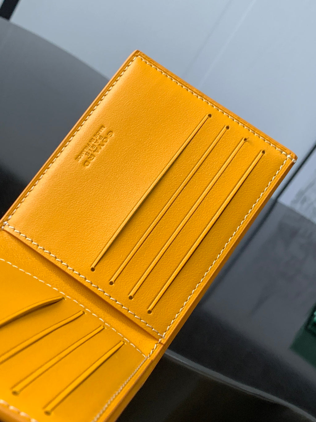Goyard small bag, yellow leather front with card slots and stitching