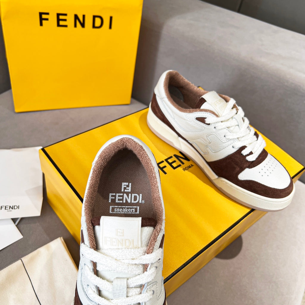 Unisex Fendi sneakers close-up on tongue, white laces with dark brown collar lining