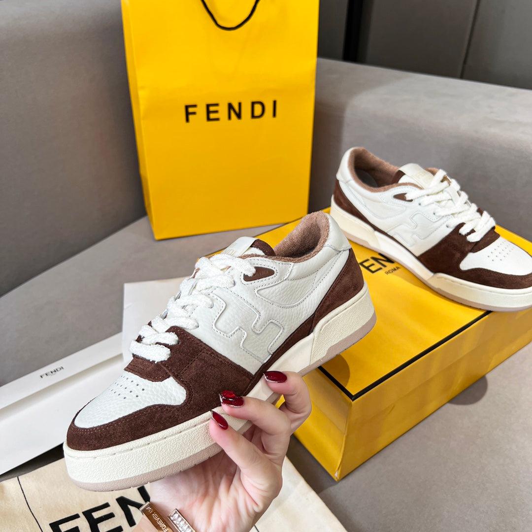 Unisex Fendi sneakers, white upper with dark brown suede side panels and matching laces