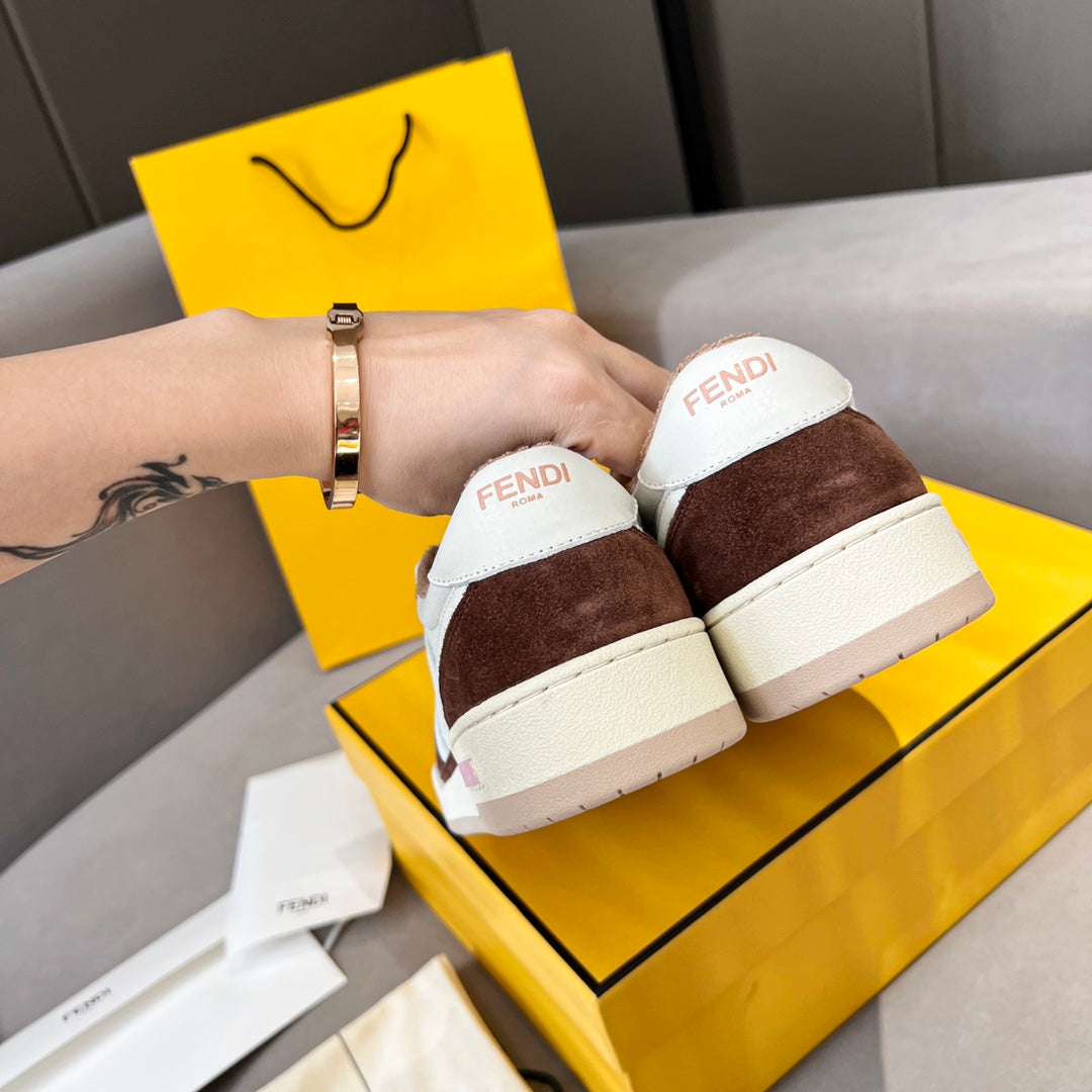 Unisex Fendi sneakers heel view, white leather with dark brown suede blocks and branding