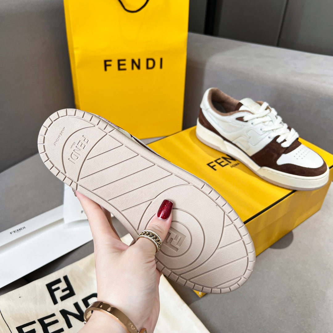 Unisex Fendi sneakers showing textured light outsole with brown and white upper