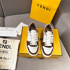 Unisex Fendi sneakers pair, white leather with dark brown suede accents and white laces