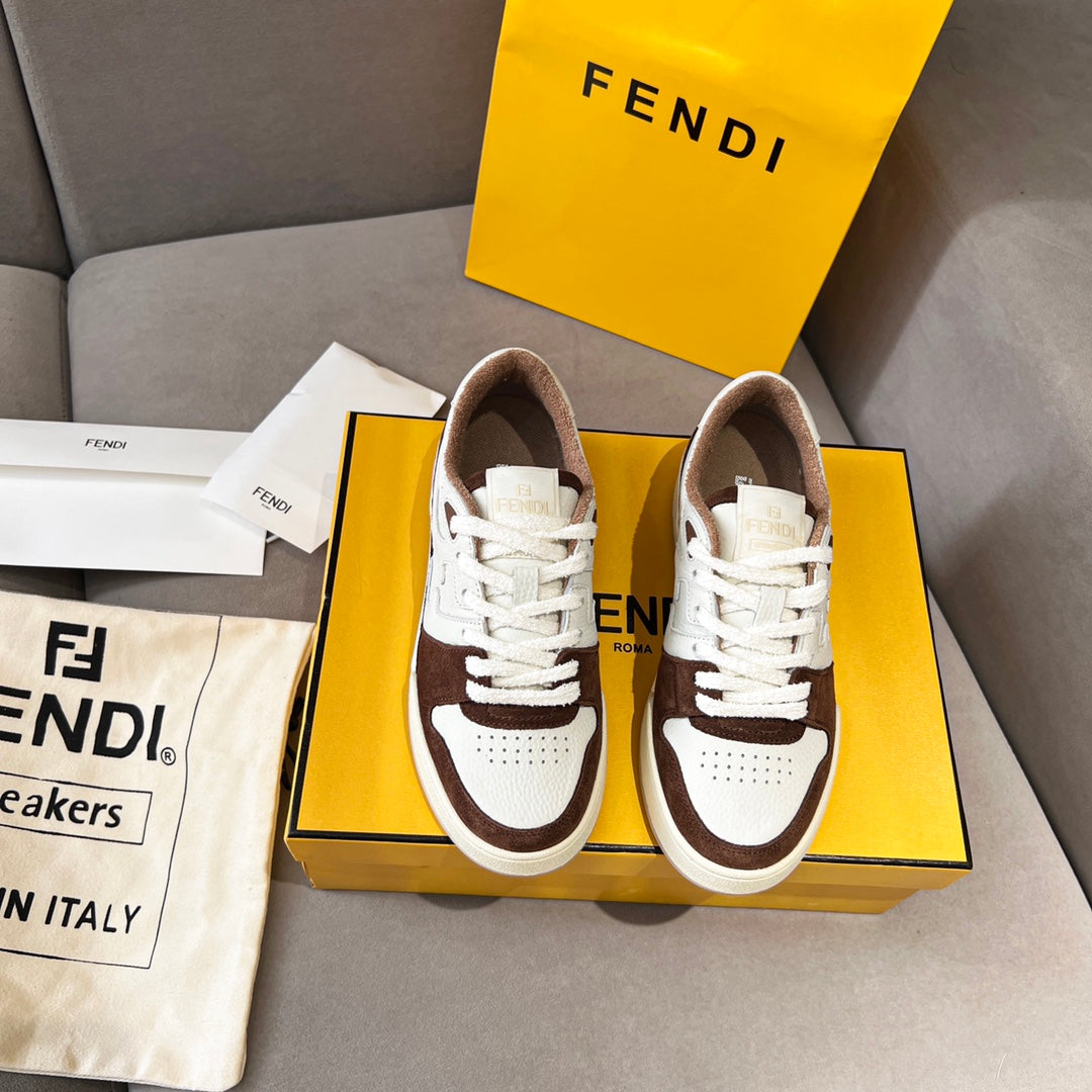 Unisex Fendi sneakers pair, white leather with dark brown suede accents and white laces