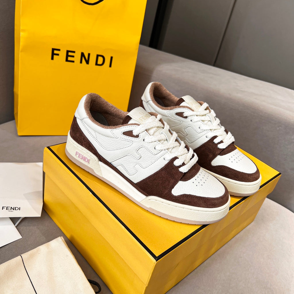 Unisex Fendi sneakers, white leather with dark brown suede panels and lace-up design