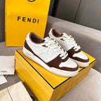 Unisex Fendi sneakers, white leather with dark brown suede panels and lace-up design