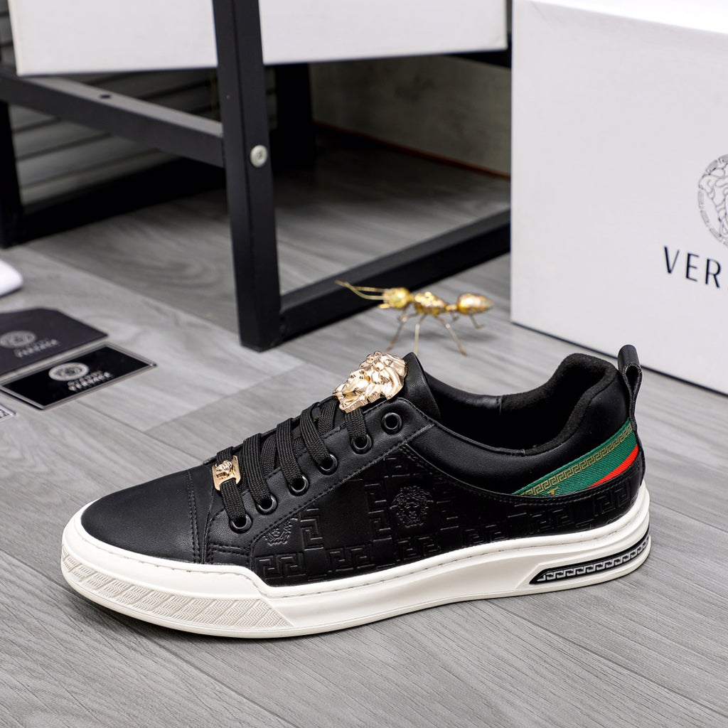 Versace black low-top sneakers, gold crest accents, green/red side stripe, white sole
