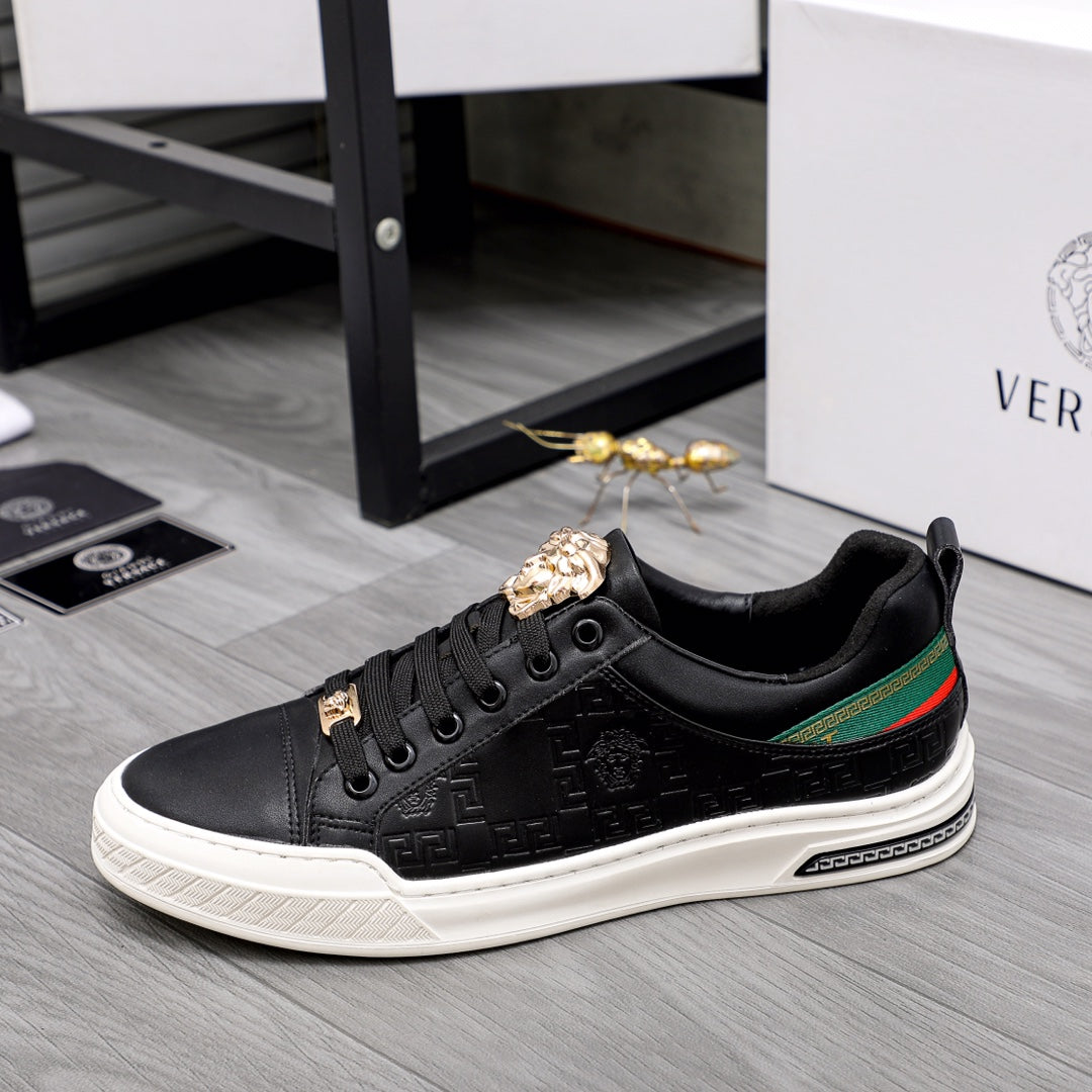 Versace black low-top sneakers, gold crest accents, green/red side stripe, white sole
