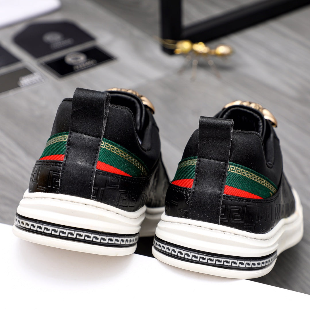 Versace black low-top sneakers heel view, green/red stripe bands and gold crest detail