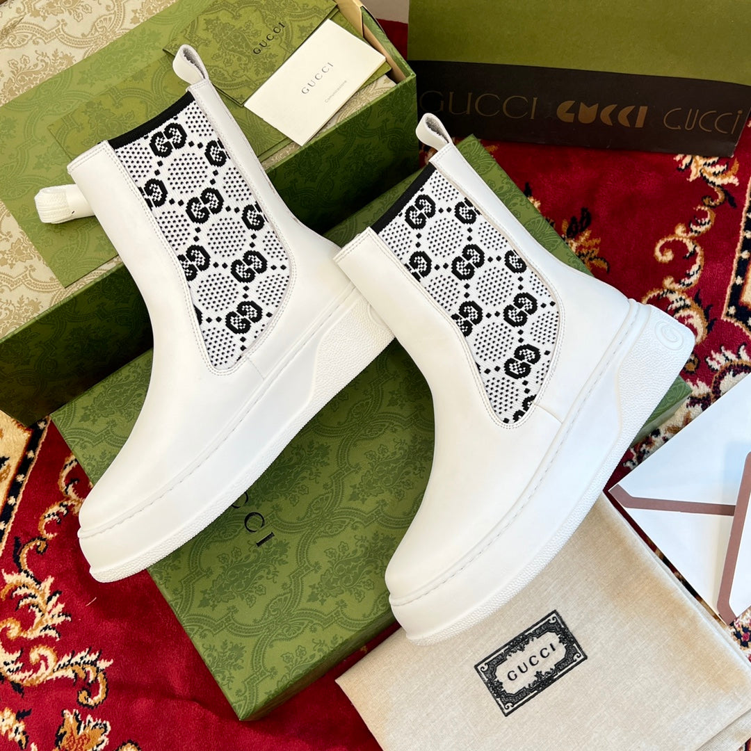 Gucci unisex ankle boots with white uppers and black-and-white logo elastic inserts