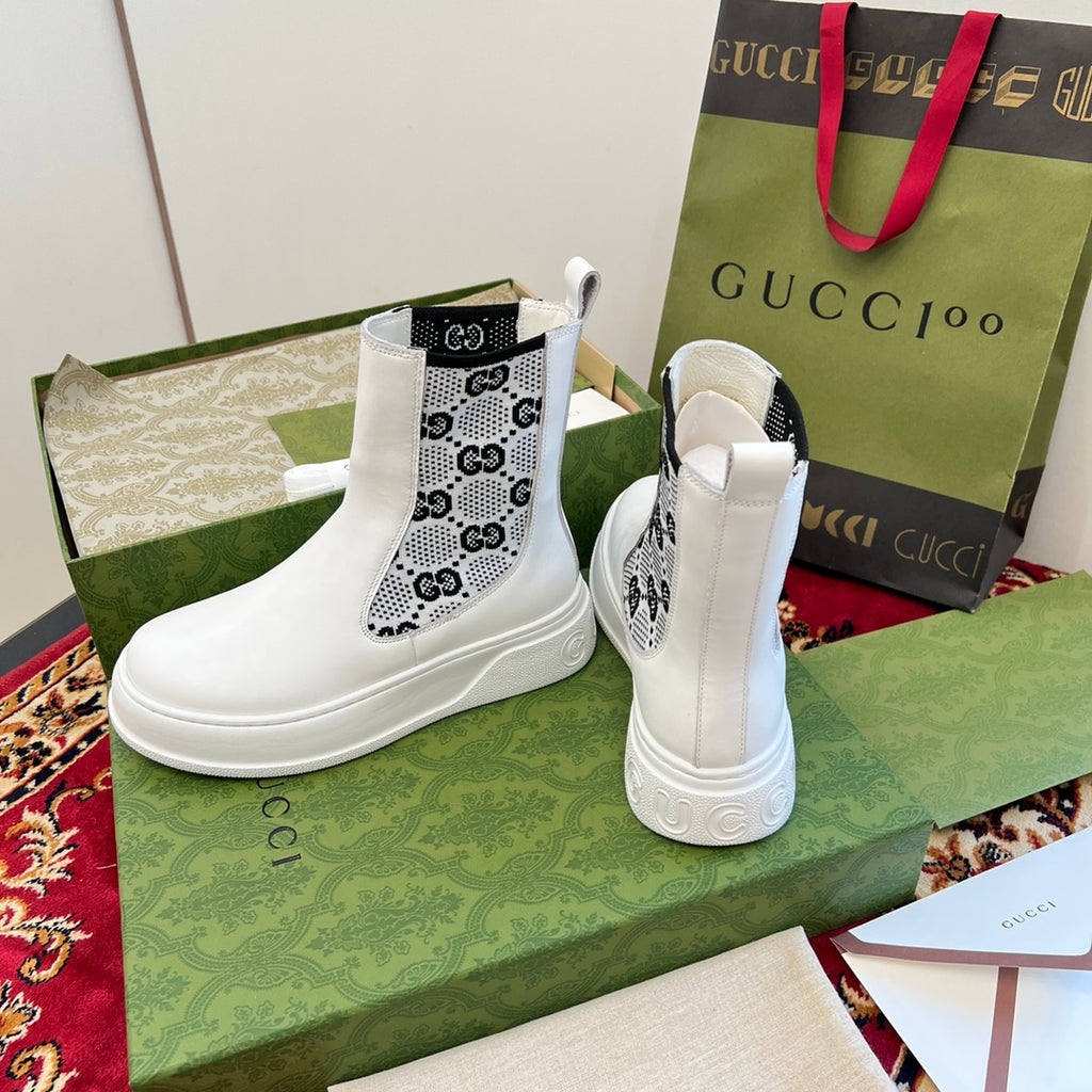 Gucci unisex ankle boots, white leather with black logo side panels and pull tabs