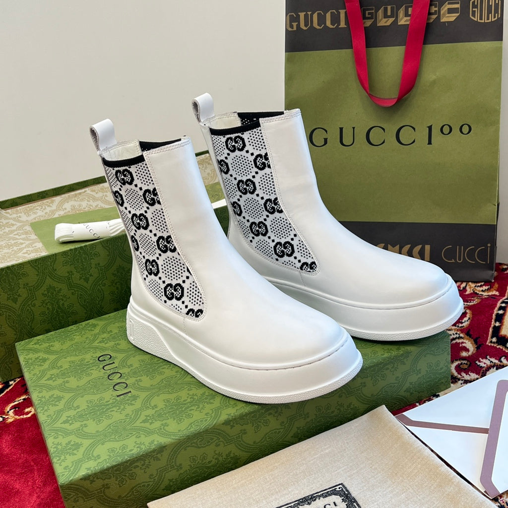 Gucci unisex ankle boots, white leather with black logo cutout elastic gores