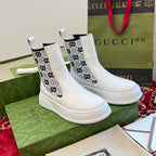 Gucci unisex ankle boots, white leather with black logo cutout elastic gores
