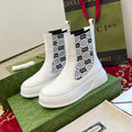 Gucci unisex ankle boots in white leather with black logo side elastic panels
