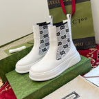 Gucci unisex ankle boots in white leather with black logo side elastic panels