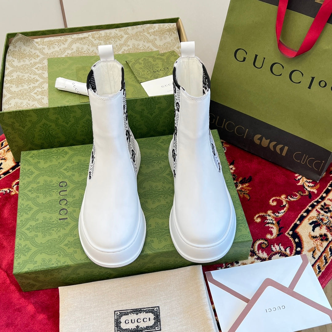 Gucci unisex ankle boots, white with black logo elastic panels and rounded toe