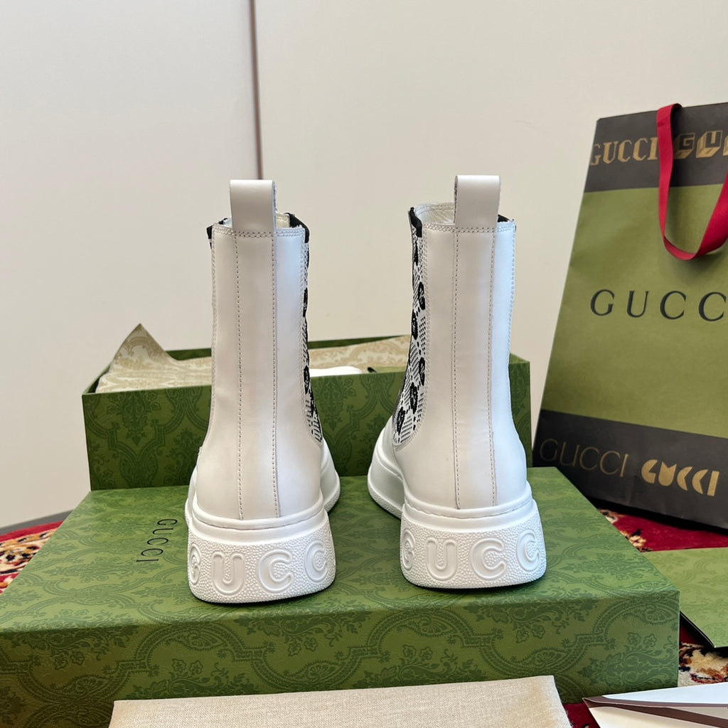 Gucci unisex ankle boots viewed from back, white with logo side elastic gores