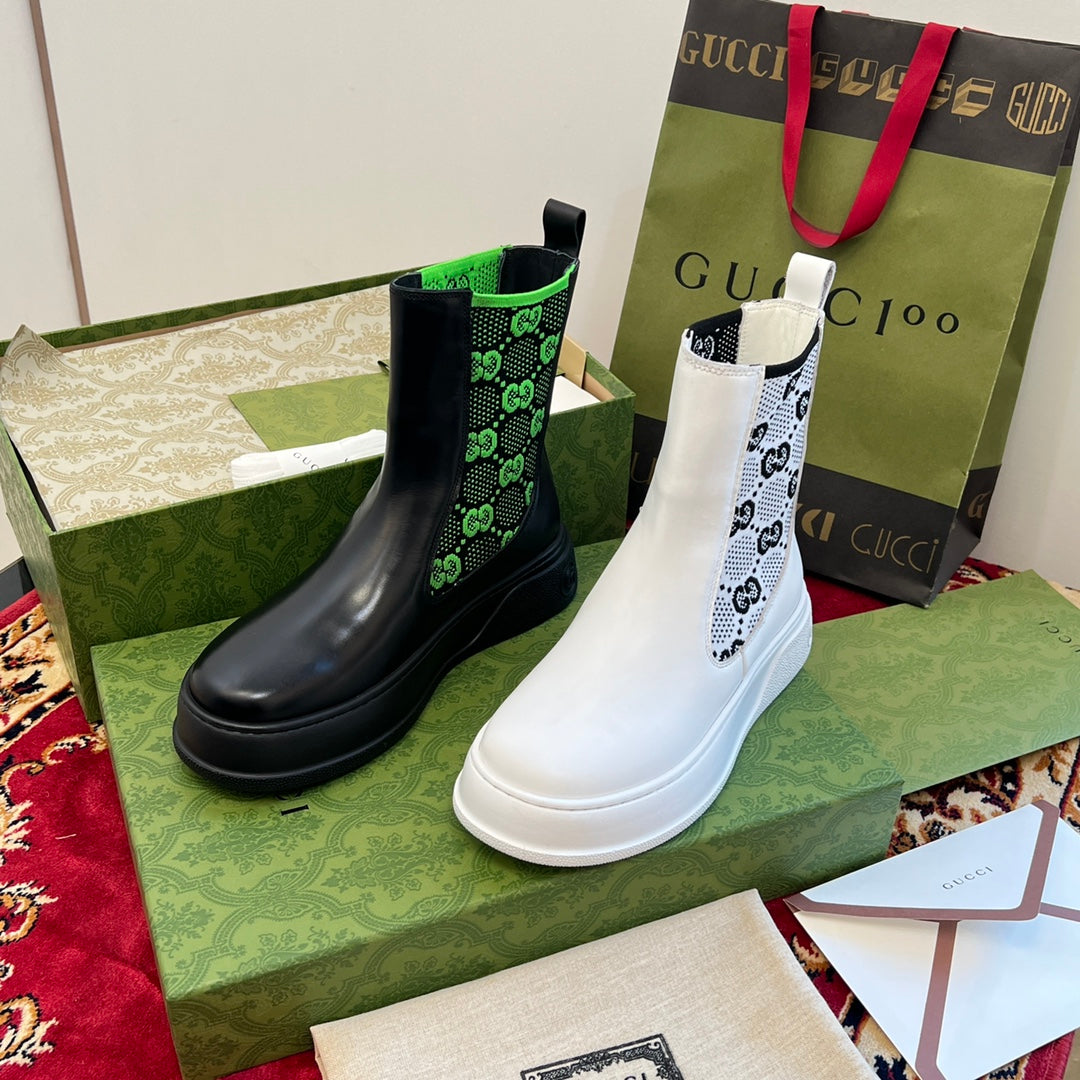 Gucci unisex ankle boots set: one black and one white with logo side elastic panels