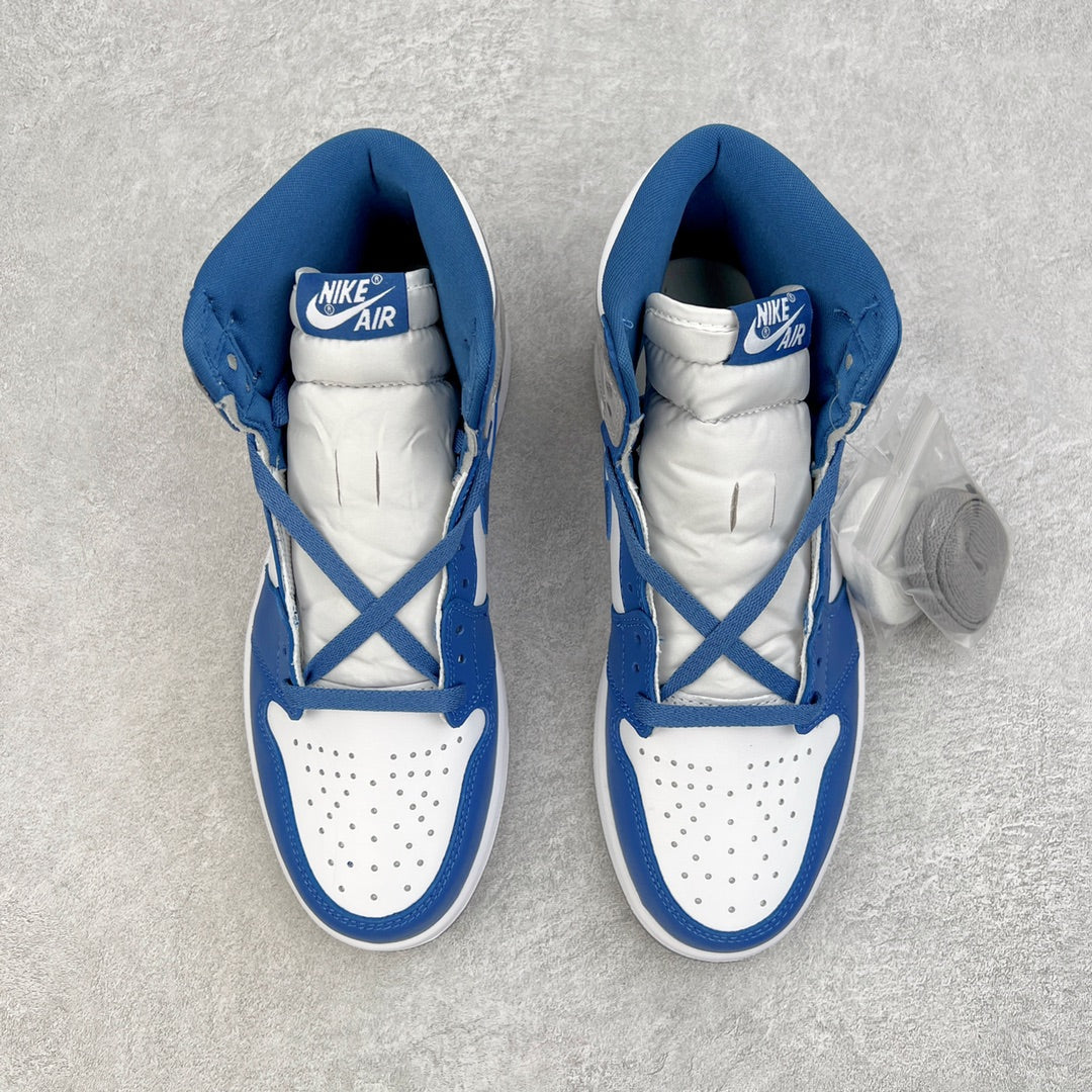 Pair of high-top sneakers with blue laces and white uppers, viewed from the tongue