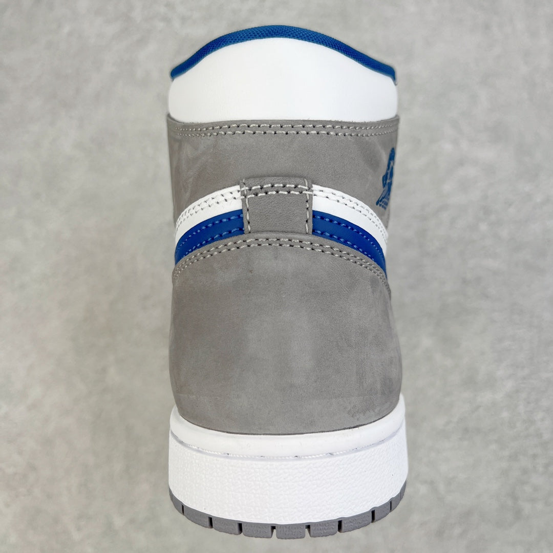 Back view of high-top sneaker with gray upper, blue trim, and white outsole