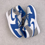 High-top sneakers with white, blue, and gray leather panels and lace-up front