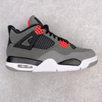 Grey and black sneakers with red accents, mesh panels, and white midsole