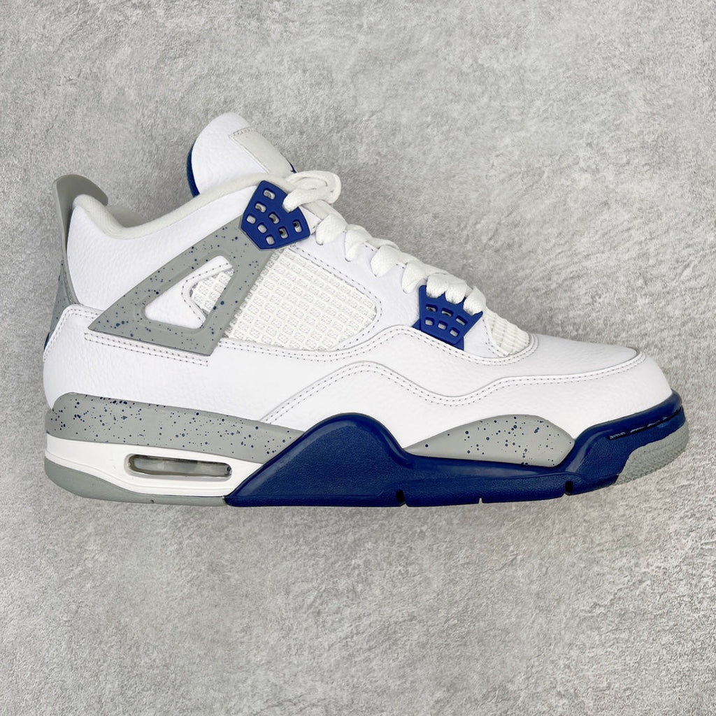 White mid-top sneakers with navy accents, lace-up, and visible air-cushion sole